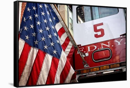 FDNY Truck with American Flag-null-Framed Stretched Canvas