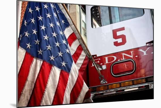 FDNY Truck with American Flag-null-Mounted Photo