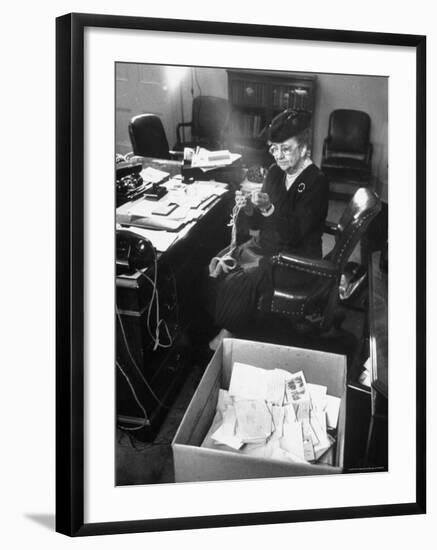 FDR's Secretary of Labor Frances Perkins, Packing Up Souvenirs Including Twine and Box of Letters-Cornell Capa-Framed Photographic Print