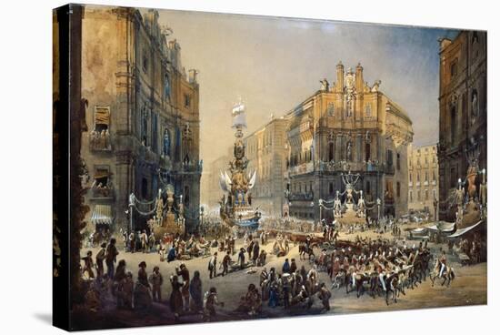 Feast of St Rosalia in Palermo, Watercolor by Pasquale Mattei (1813-1897)-null-Stretched Canvas