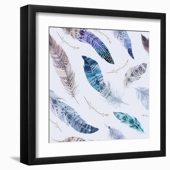 Feathers Pattern. Watercolor Elegant Background. Watercolour Color Organic Design Print. Seamless R-krisArt-Framed Art Print