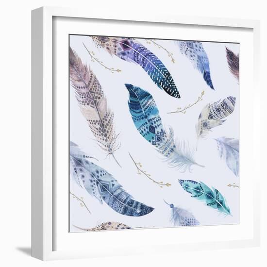 Feathers Pattern. Watercolor Elegant Background. Watercolour Color Organic Design Print. Seamless R-krisArt-Framed Art Print