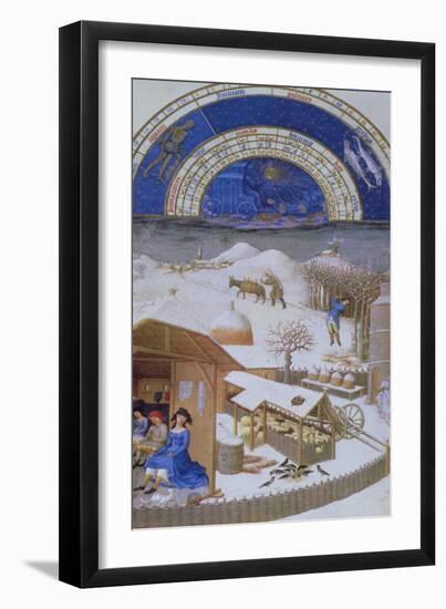 February: Farmyard Scene with Peasants, by the Limbourg Brothers-null-Framed Giclee Print