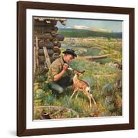 "Feeding Fawn Near Flowering Field", May 27, 1950-John Clymer-Framed Giclee Print