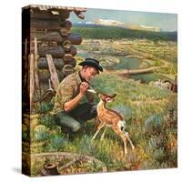 "Feeding Fawn Near Flowering Field", May 27, 1950-John Clymer-Stretched Canvas