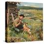 "Feeding Fawn Near Flowering Field", May 27, 1950-John Clymer-Stretched Canvas