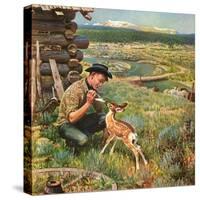 "Feeding Fawn Near Flowering Field", May 27, 1950-John Clymer-Stretched Canvas