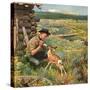 "Feeding Fawn Near Flowering Field", May 27, 1950-John Clymer-Stretched Canvas