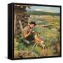 "Feeding Fawn Near Flowering Field", May 27, 1950-John Clymer-Framed Stretched Canvas