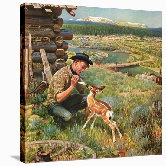 "Feeding Fawn Near Flowering Field", May 27, 1950-John Clymer-Stretched Canvas