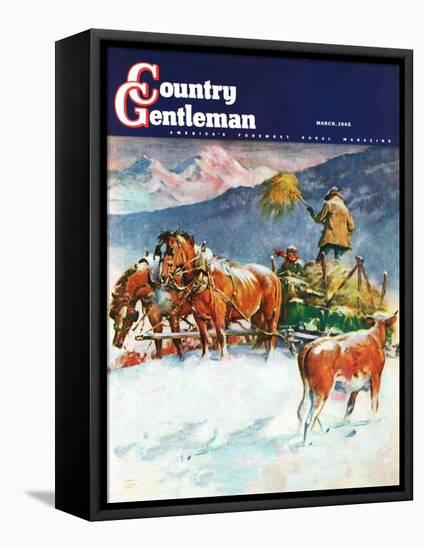 "Feeding Herd in Winter," Country Gentleman Cover, March 1, 1945-Matt Clark-Framed Stretched Canvas