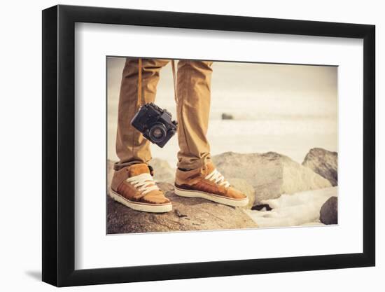 Feet Man and Vintage Retro Photo Camera Outdoor Travel Lifestyle Vacations Concept-Natasha_from_Russia-Framed Photographic Print