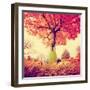 Feet Resting on a Tree Trunk during Fall When the Leaves are Turning Colors Toned with a Retro Vint-graphicphoto-Framed Photographic Print