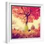 Feet Resting on a Tree Trunk during Fall When the Leaves are Turning Colors Toned with a Retro Vint-graphicphoto-Framed Photographic Print