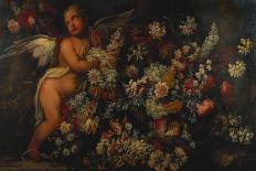 Flowers in and around a Basket with a Winged Putto Making a Garland-Felice Fortunato Biggi-Giclee Print