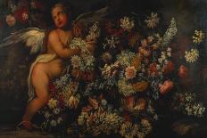 Flowers in and around a Basket with a Winged Putto Making a Garland-Felice Fortunato Biggi-Giclee Print