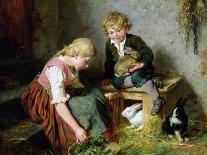 Two Children Playing with Rabbits-Felix Schlesinger-Framed Stretched Canvas