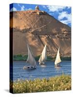 Felucca Sailboats, Temple Ruins and the Large Sand Dunes of the Sahara Desert, Aswan, Egypt-Miva Stock-Stretched Canvas