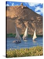 Felucca Sailboats, Temple Ruins and the Large Sand Dunes of the Sahara Desert, Aswan, Egypt-Miva Stock-Stretched Canvas