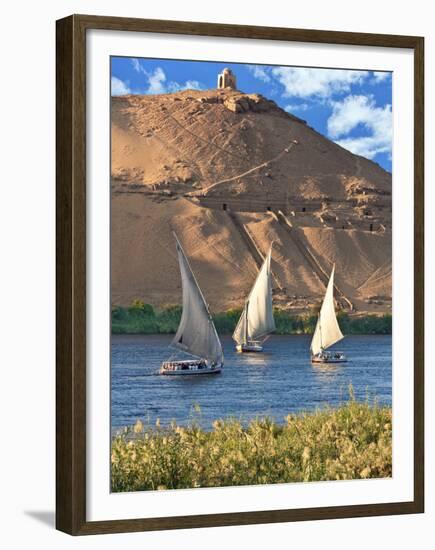 Felucca Sailboats, Temple Ruins and the Large Sand Dunes of the Sahara Desert, Aswan, Egypt-Miva Stock-Framed Premium Photographic Print