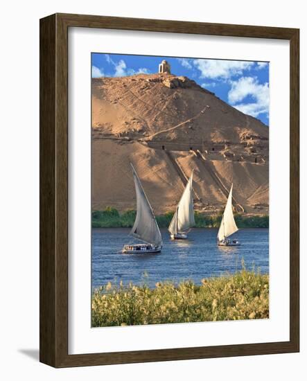 Felucca Sailboats, Temple Ruins and the Large Sand Dunes of the Sahara Desert, Aswan, Egypt-Miva Stock-Framed Photographic Print