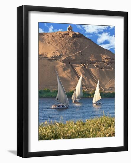 Felucca Sailboats, Temple Ruins and the Large Sand Dunes of the Sahara Desert, Aswan, Egypt-Miva Stock-Framed Photographic Print