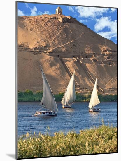 Felucca Sailboats, Temple Ruins and the Large Sand Dunes of the Sahara Desert, Aswan, Egypt-Miva Stock-Mounted Photographic Print