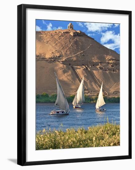 Felucca Sailboats, Temple Ruins and the Large Sand Dunes of the Sahara Desert, Aswan, Egypt-Miva Stock-Framed Photographic Print