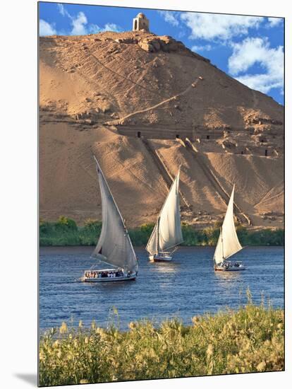 Felucca Sailboats, Temple Ruins and the Large Sand Dunes of the Sahara Desert, Aswan, Egypt-Miva Stock-Mounted Photographic Print