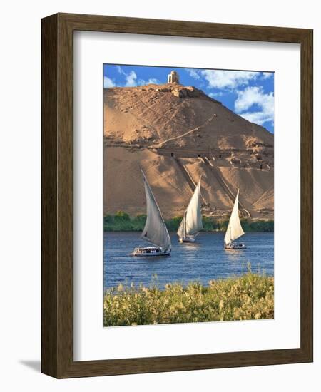 Felucca Sailboats, Temple Ruins and the Large Sand Dunes of the Sahara Desert, Aswan, Egypt-Miva Stock-Framed Photographic Print