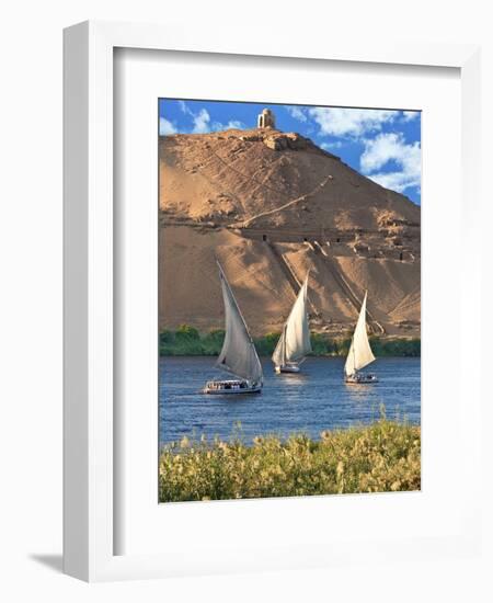 Felucca Sailboats, Temple Ruins and the Large Sand Dunes of the Sahara Desert, Aswan, Egypt-Miva Stock-Framed Photographic Print