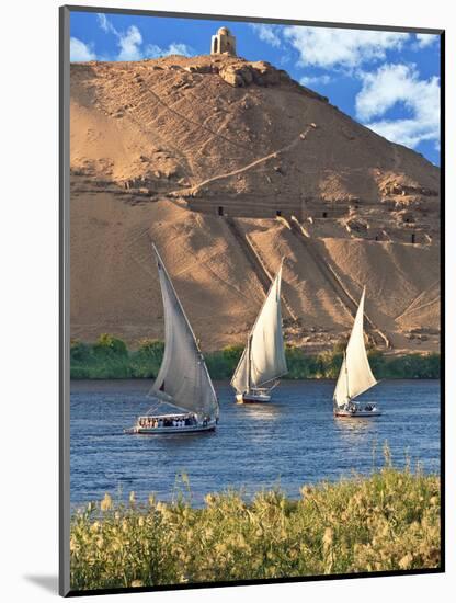 Felucca Sailboats, Temple Ruins and the Large Sand Dunes of the Sahara Desert, Aswan, Egypt-Miva Stock-Mounted Photographic Print