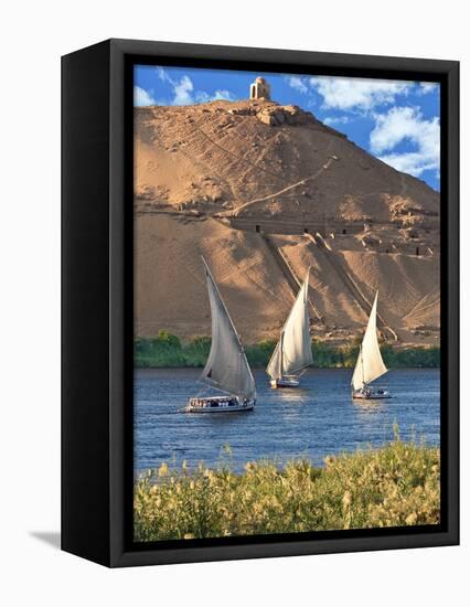 Felucca Sailboats, Temple Ruins and the Large Sand Dunes of the Sahara Desert, Aswan, Egypt-Miva Stock-Framed Stretched Canvas