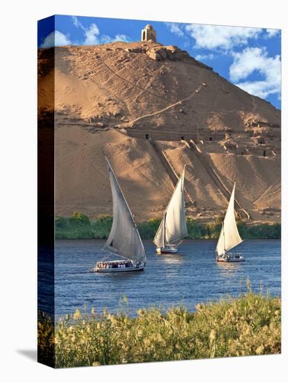 Felucca Sailboats, Temple Ruins and the Large Sand Dunes of the Sahara Desert, Aswan, Egypt-Miva Stock-Stretched Canvas