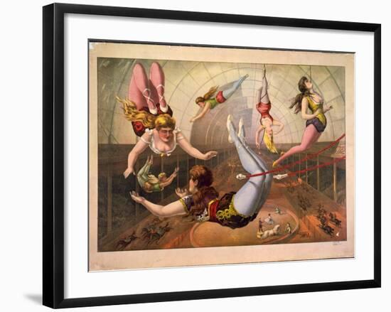 Female Acrobats on Trapezes at Circus, C. 1890-null-Framed Giclee Print