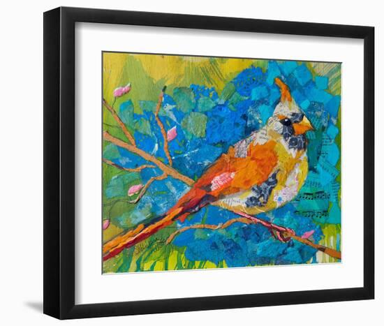 Female Cardinal On Blue-null-Framed Art Print