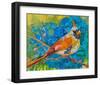 Female Cardinal On Blue-null-Framed Art Print