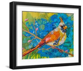 Female Cardinal On Blue-null-Framed Art Print