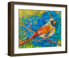 Female Cardinal On Blue-null-Framed Art Print