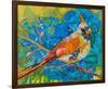 Female Cardinal On Blue-null-Framed Art Print