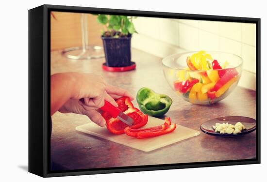 Female Chopping Food Ingredients (Paprika) on the Kitchen.-B-D-S-Framed Stretched Canvas