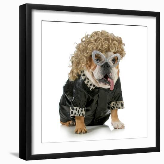 Female Dog - English Bulldog Wearing Blonde Wig and Black Leather Coat-Willee Cole-Framed Photographic Print