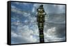 Female Emperor Dragonfly (Anax Imperator) Close-Up, on Twig Above Water with Clouds Reflected-Laurent Geslin-Framed Stretched Canvas