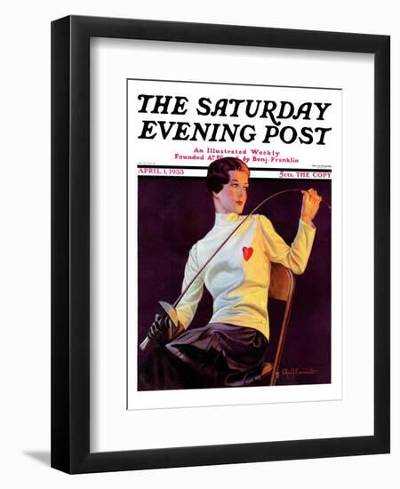 "Female Fencer," Saturday Evening Post Cover, April 1, 1933-Alfred F. Cammarata-Framed Premium Giclee Print