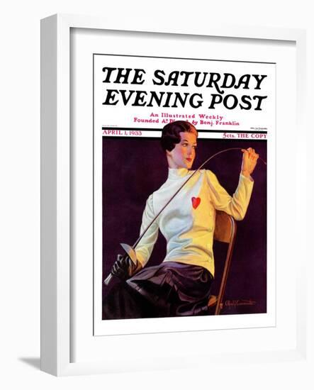 "Female Fencer," Saturday Evening Post Cover, April 1, 1933-Alfred F. Cammarata-Framed Premium Giclee Print