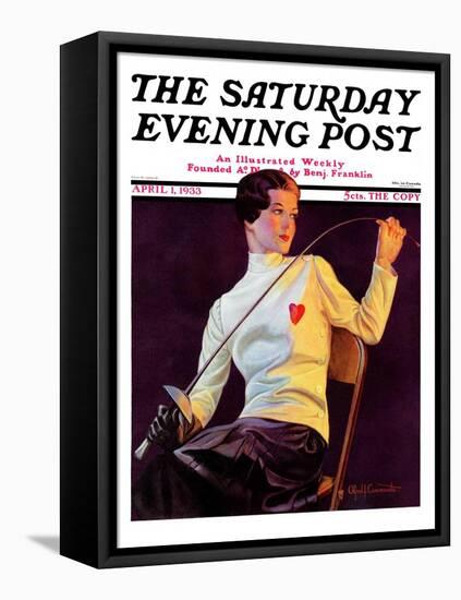 "Female Fencer," Saturday Evening Post Cover, April 1, 1933-Alfred F. Cammarata-Framed Stretched Canvas