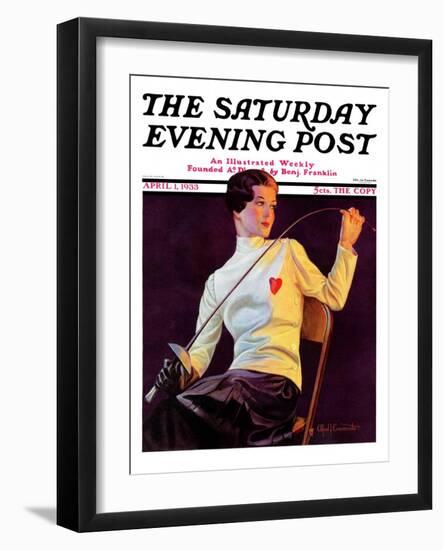 "Female Fencer," Saturday Evening Post Cover, April 1, 1933-Alfred F. Cammarata-Framed Giclee Print