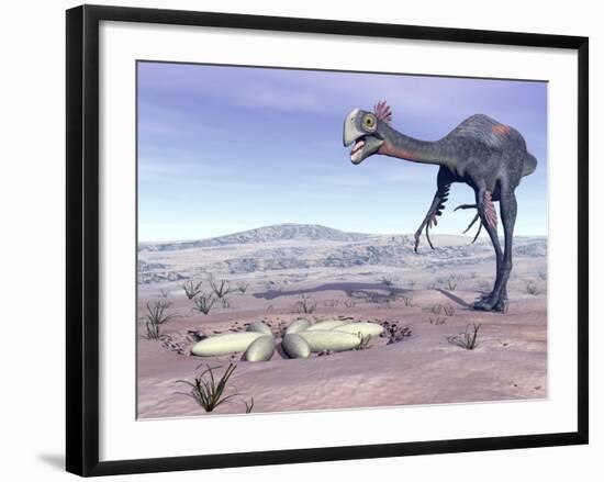 Female Gigantoraptor Dinosaur Walking to its Nest Full of Eggs-null-Framed Art Print