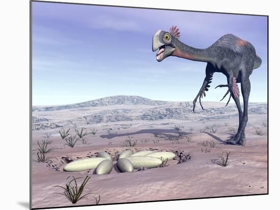 Female Gigantoraptor Dinosaur Walking to its Nest Full of Eggs-null-Mounted Art Print