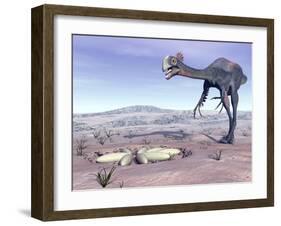 Female Gigantoraptor Dinosaur Walking to its Nest Full of Eggs-null-Framed Art Print